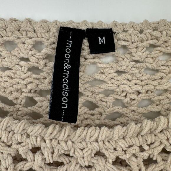 Moon & Madison cropped pullover sweater open knit crochet crew tan boho M - Picture 5 of 7